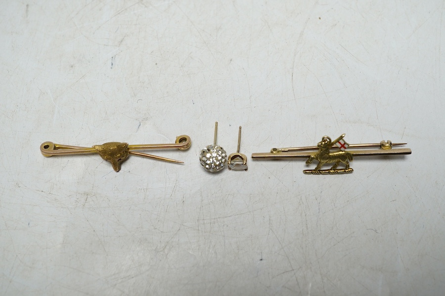 A 14ct gold and enamel Welsh Guards sweethearts brooch, 3.2 grams, a 9ct gold fox head bar brooch with cabochon eyes, 3.1 grams, and two ear studs. Condition - fair
